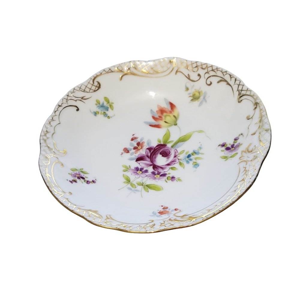 Antique c.1886-1910 Dresden Flowers Shallow Bowls by Charles Ahrenfeldt Saxonia